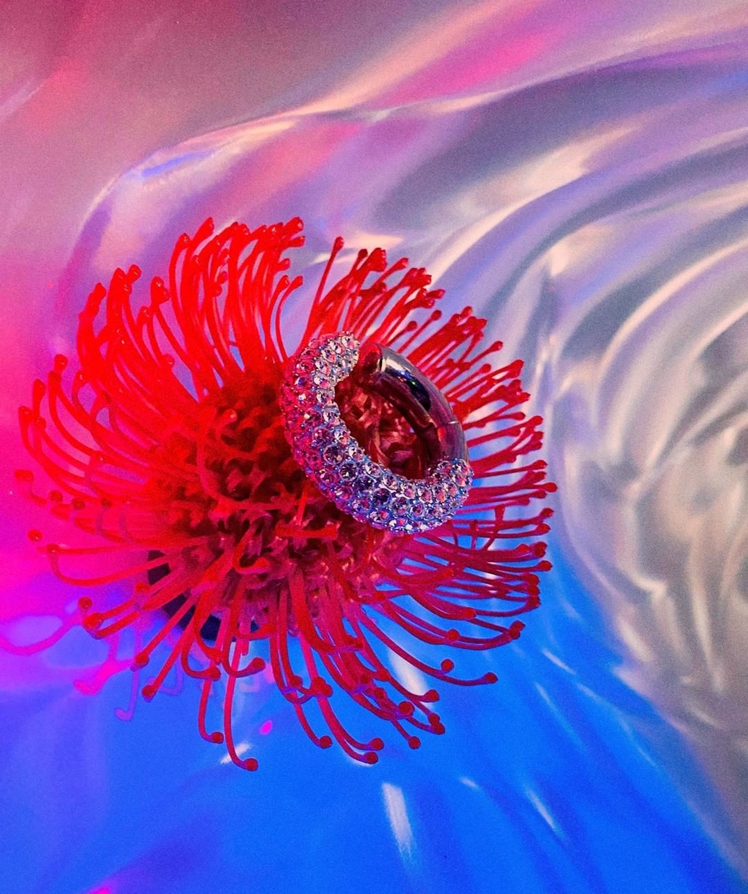 A diamond earring sits atop a vibrant red pincushion flower against a softly blurred background of white, pink, and blue.