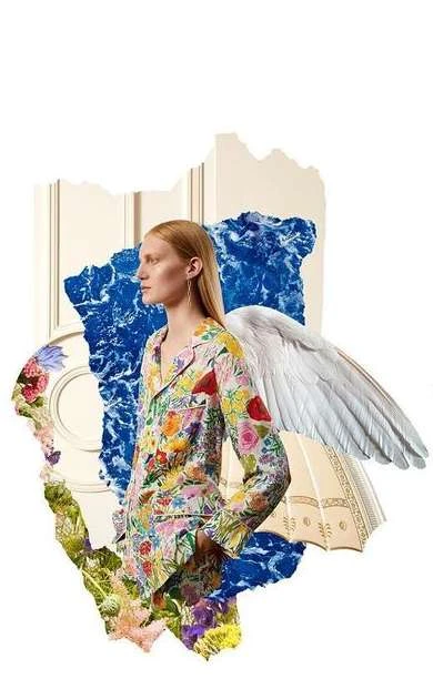 Collage art featuring a woman in floral pajamas with an angel wing, ocean waves, and flowers on a white background.