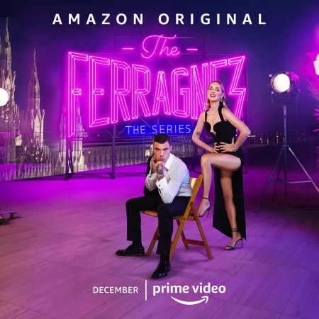 Promotional image for The Ferragnez series on Prime Video featuring Chiara Ferragni and Fedez in a purple-lit setting with city backdrop.