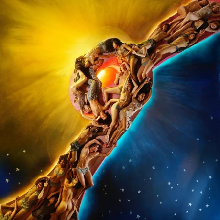 Conceptual art featuring a group of figures in an illustrative sun and moon composition, creating a visually symbolic and evocative image.