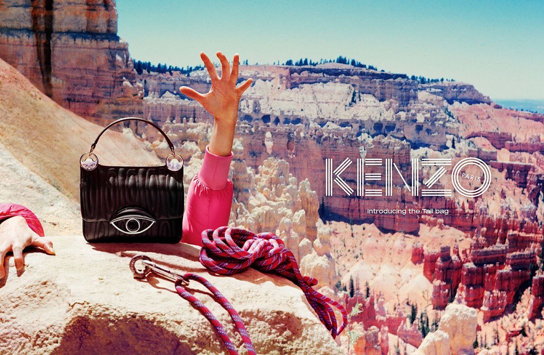Kenzo purse displayed on a rock ledge, with a desert canyon in the background and parts of model's arm and hand visible.