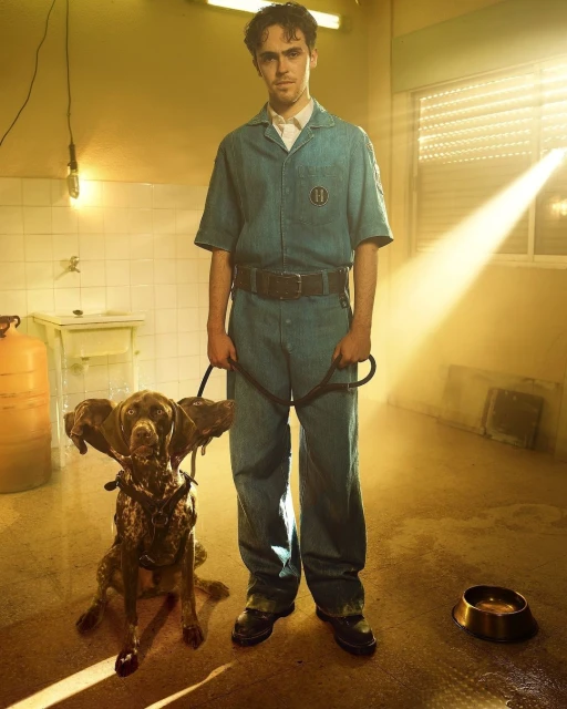 Man in blue jumpsuit stands with a German shorthaired pointer dog inside a sunlit, tiled room with a metal water bowl.
