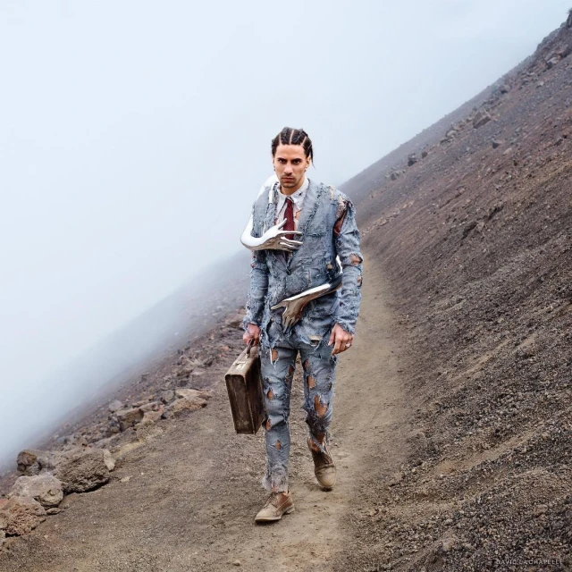 A man in a tattered suit and tie carrying a briefcase walks on a rocky path. A landscape with fog and a mountain in the background.