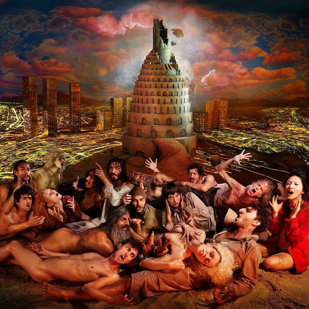 Tower of Babel illustration with a crowd of people reacting in shock. Depicts a dystopian world with a dilapidated skyscraper. 