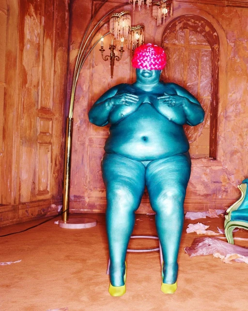 Full-body portrait of a turquoise-skinned woman wearing a pink hat, standing indoors with yellow high heels and a decorative gold lamp.
