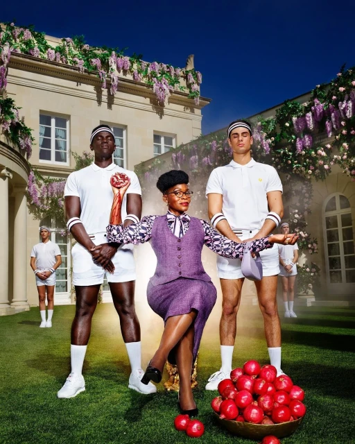 Elegant outdoor fashion shoot features a stylish woman in a purple skirt suit, seated with tennis players and a bowl of red apples.
