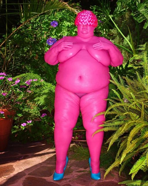 Full body shot of a pink-skinned person in blue heels standing amidst lush greenery, embodying surreal artistic expression in nature.
