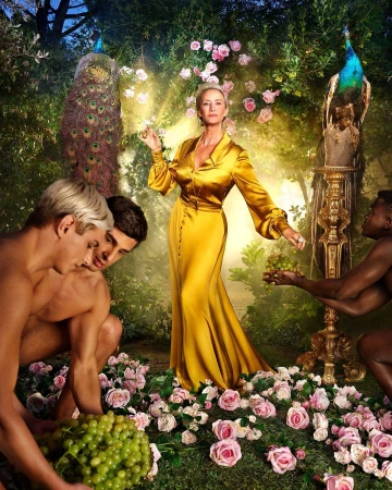 Woman in gold dress surrounded by men, peacocks, roses, and grapes in an outdoor setting with green foliage and bright sunlight.