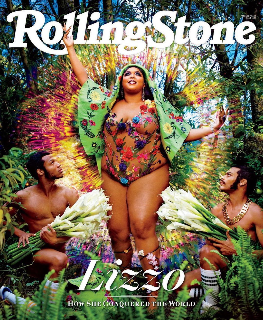 Lizzo graces Rolling Stone cover surrounded by floral bodysuit, green wrap, and two shirtless men with calla lilies.