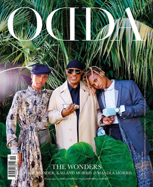 Magazine cover featuring Stevie Wonder with two young men against a tropical green backdrop, promoting music and fashion.