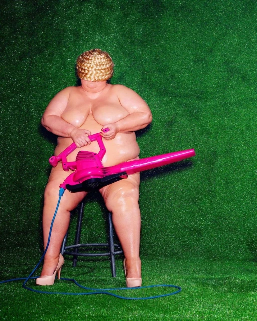 Surreal image: Overweight nude adult sits on stool holding pink leaf blower against a green background in an indoor environment.