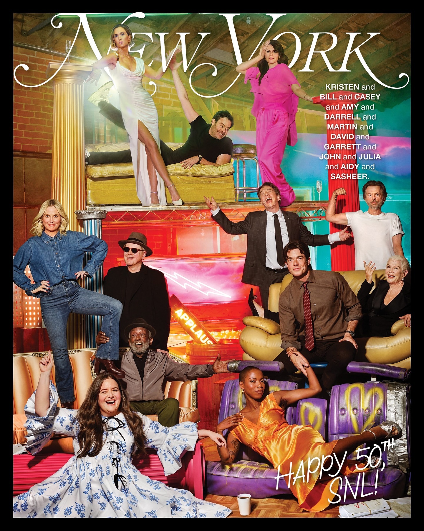 Group portrait on New York magazine cover featuring cast members from Saturday Night Live, celebrating the show's 50th anniversary.