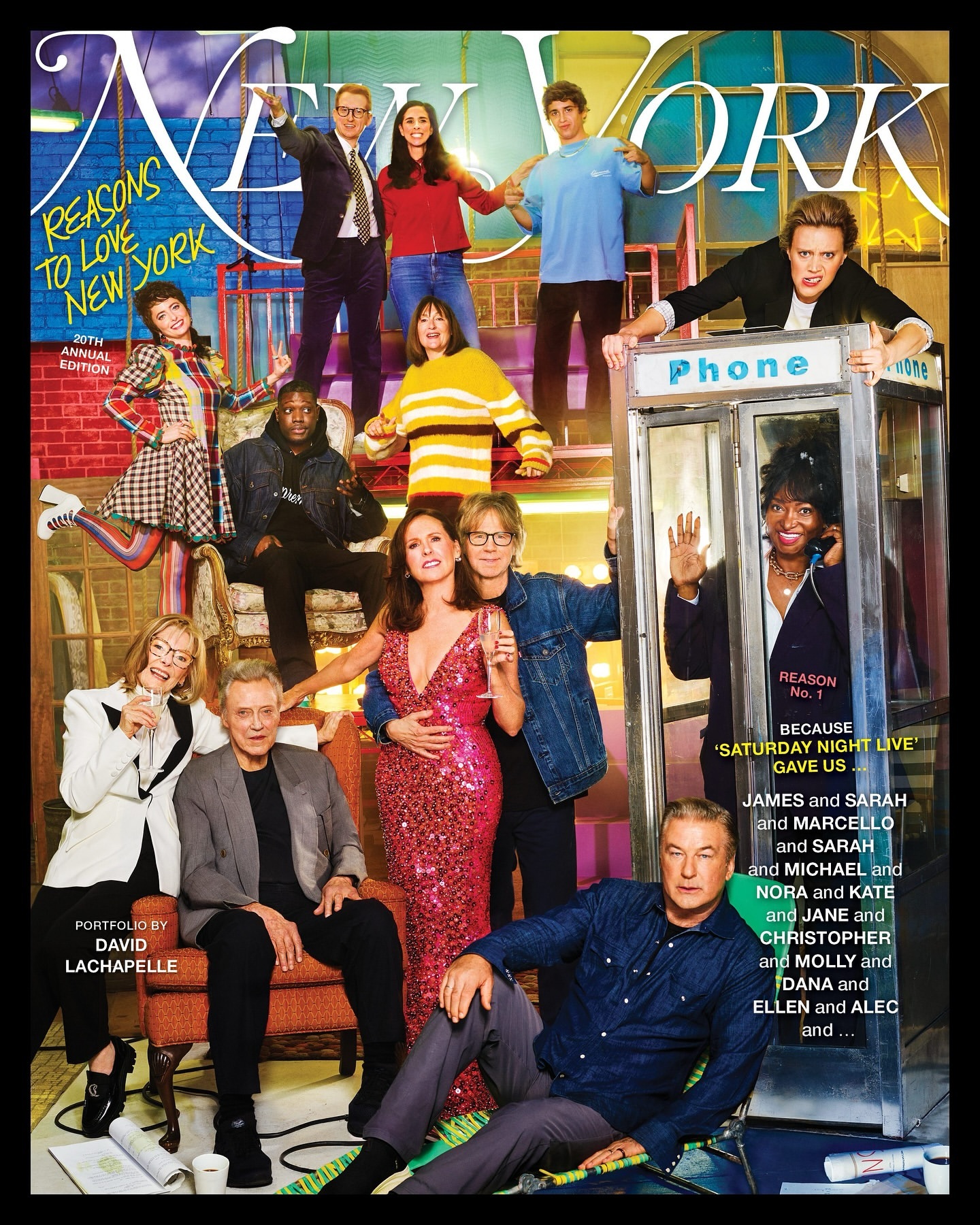 Magazine cover featuring a group of celebrities in New York, with a phone booth and vintage style. Published by Conde Nast.