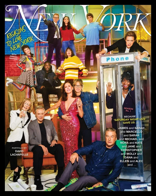 Magazine cover featuring a group of celebrities in New York, with a phone booth and vintage style. Published by Conde Nast.