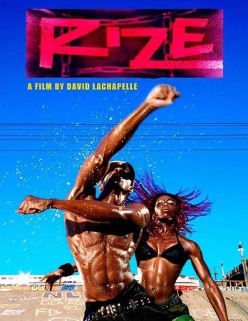Movie poster featuring two dancers with bare torsos in front of a blue sky, and the pink title 'RIZE' above the title. 