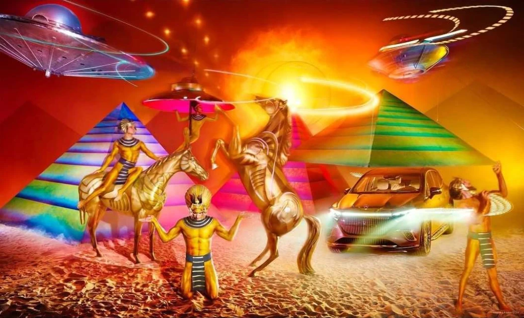 Fantasy art featuring Egyptian figures, golden horses, a futuristic car, and flying saucers against a vibrant orange backdrop with pyramids.