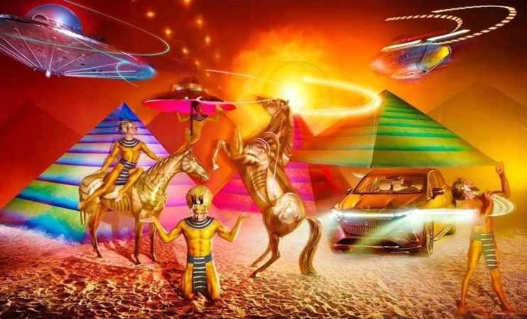Fantasy art featuring Egyptian figures, golden horses, a futuristic car, and flying saucers against a vibrant orange backdrop with pyramids.