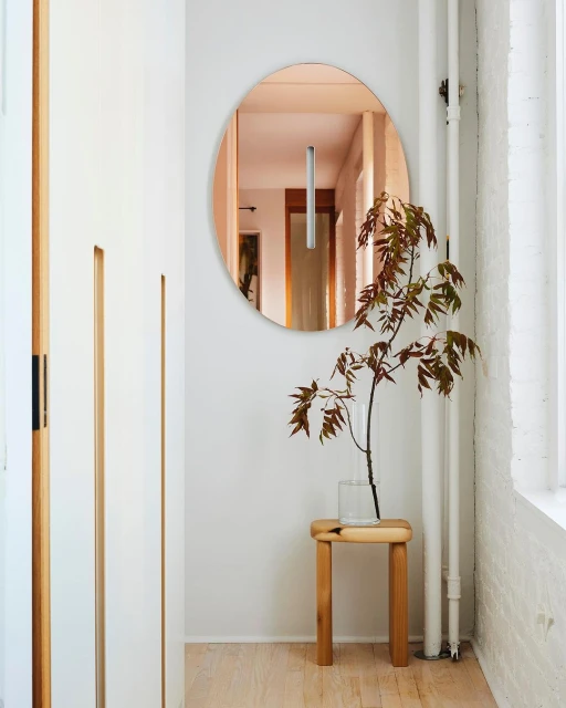 Interior shot with oval mirror on the wall reflecting a light fixture, a plant in a vase on a wooden stool, and a white door.