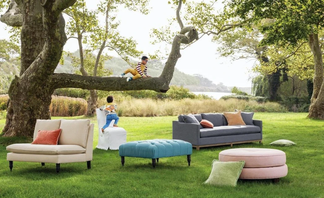 Two children on tree, one climbing chair; sofas, cushions arranged on lawn near trees, with body of water in background on sunny day.