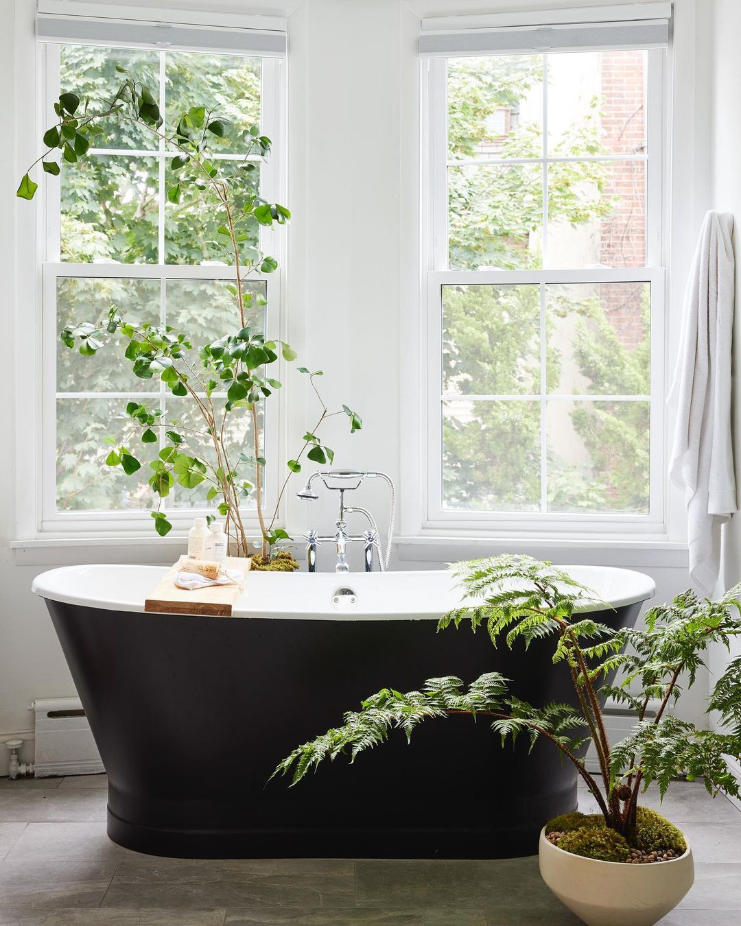 Contemporary bathroom with a black freestanding bathtub, white walls, two windows, potted plants, and natural light.