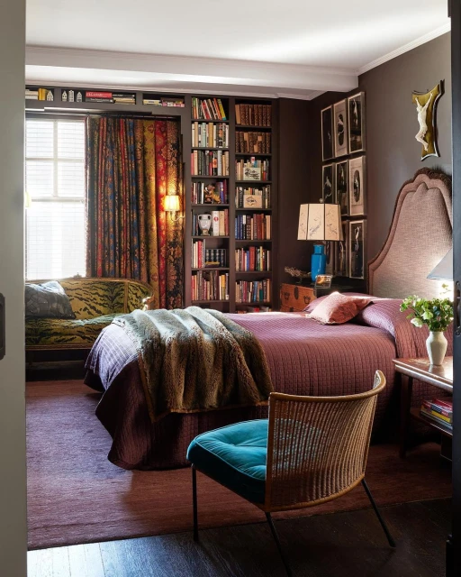 Bedroom interior featuring a double bed with a patterned brown headboard, a chair with a teal cushion, and a large bookcase.