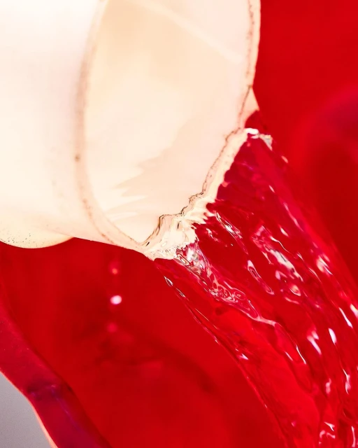 Close-up of liquid being poured from a white container into a bowl, creating movement and a dynamic abstract composition.
