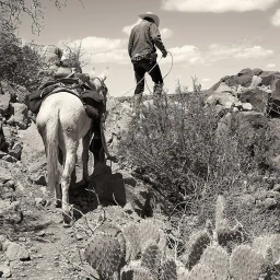 Man wearing a cowboy hat leading a packed donkey along a rocky trail surrounded by cacti and scrub brush.