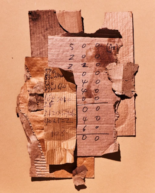 Artistic collage of layered, torn cardboard pieces with handwritten numbers in black ink, set against a tan background. 
