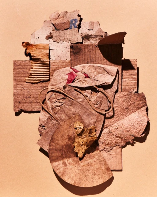Abstract collage of brown paper scraps and corrugated cardboard on a peach backdrop, creating a textured and layered visual effect.