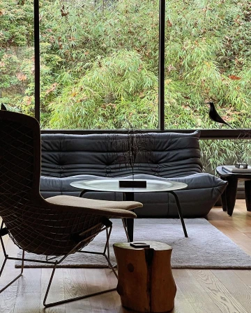 Living room interior showcasing a black leather couch, wire-frame chair, round table, and a glimpse of a bird perched outside the window.