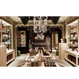 Interior of a luxury retail perfume shop with illuminated glass shelving, product display tables, and a central crystal chandelier