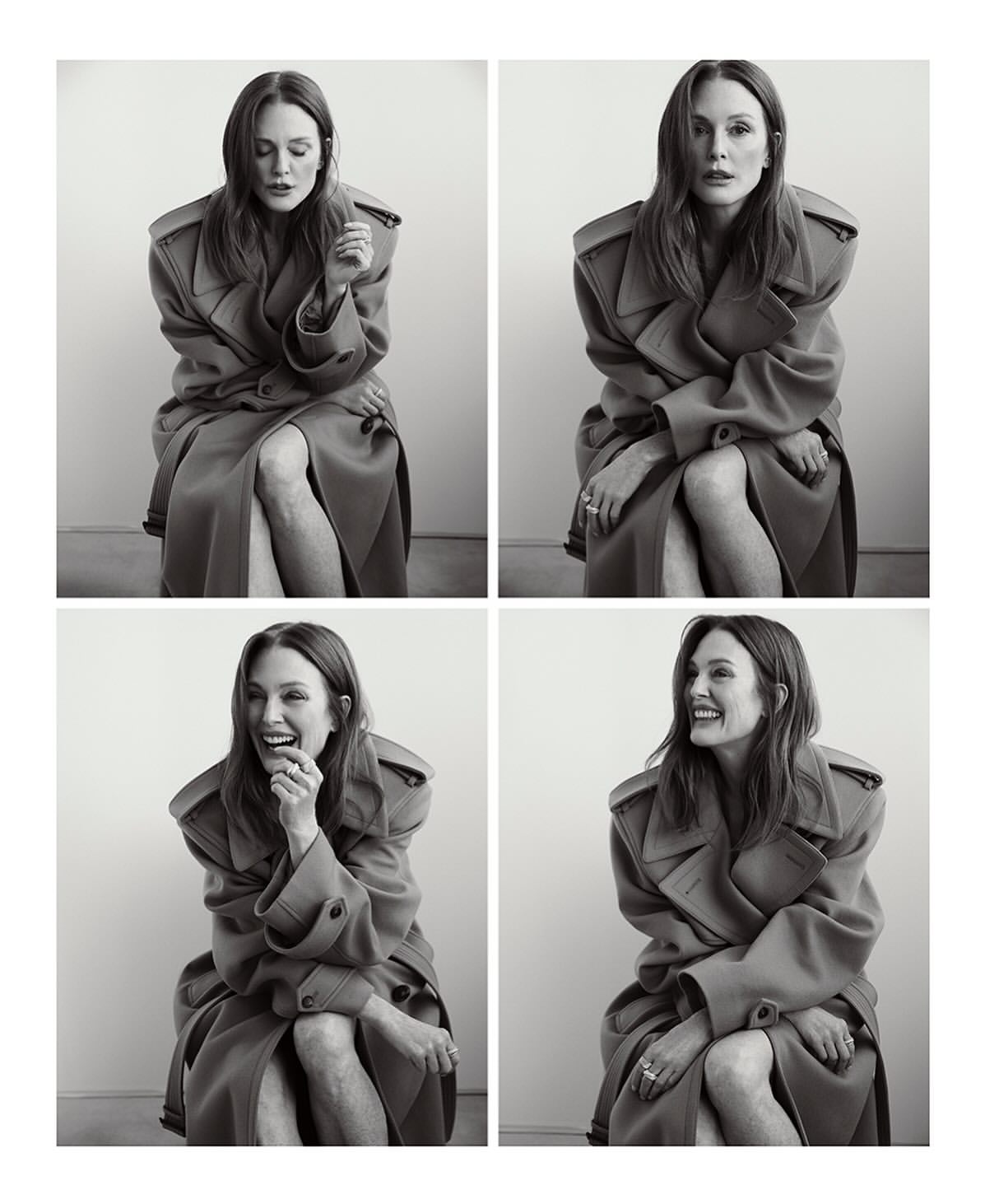 Black and white portrait of a woman in a trench coat sitting in front of a plain background in a four-image grid.