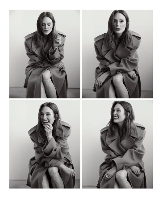 Black and white portrait of a woman in a trench coat sitting in front of a plain background in a four-image grid.