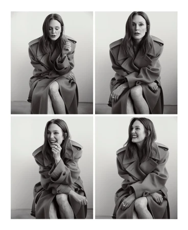 Black and white portrait of a woman in a trench coat sitting in front of a plain background in a four-image grid.