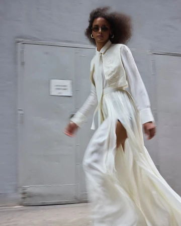 Model in white shirt and long skirt walking past a grey metal door in Paris by David Roemer