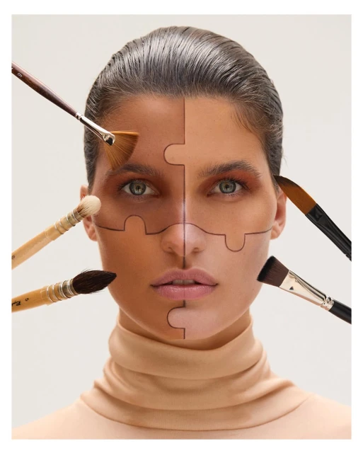 Artistic portrait of woman's face split in half with makeup, surrounded by makeup brushes on a neutral background in studio.