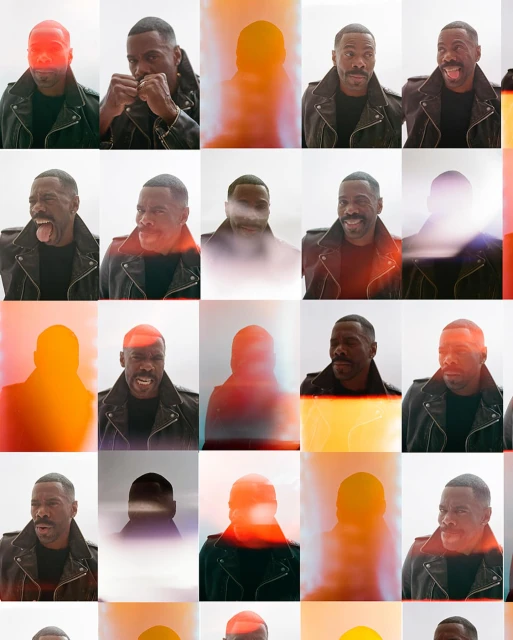 Montage of adult man's expressive close-up portrait in a black leather jacket against a white background with orange color gels.