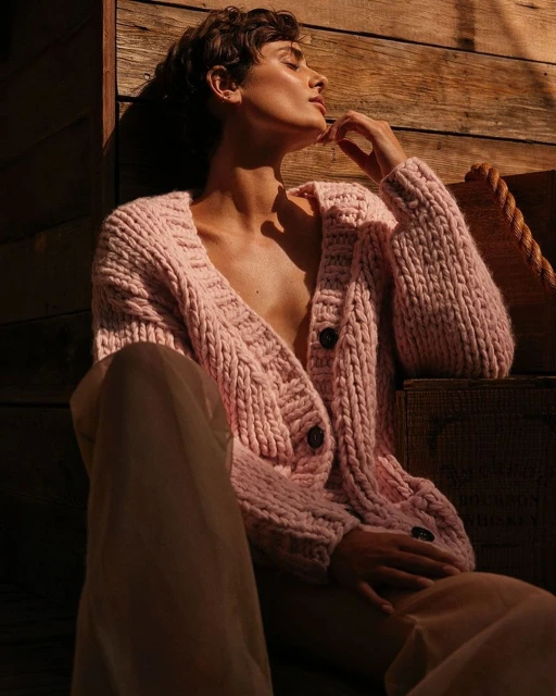 Woman in a chunky pink knit cardigan poses indoors against wood background in soft sunlight. Fashion shot, relaxed pose, hand near face.