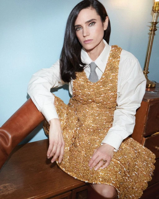 Jennifer Connelly poses in a gold textured dress with a white shirt and tie, seated indoors in a fashion style portrait.