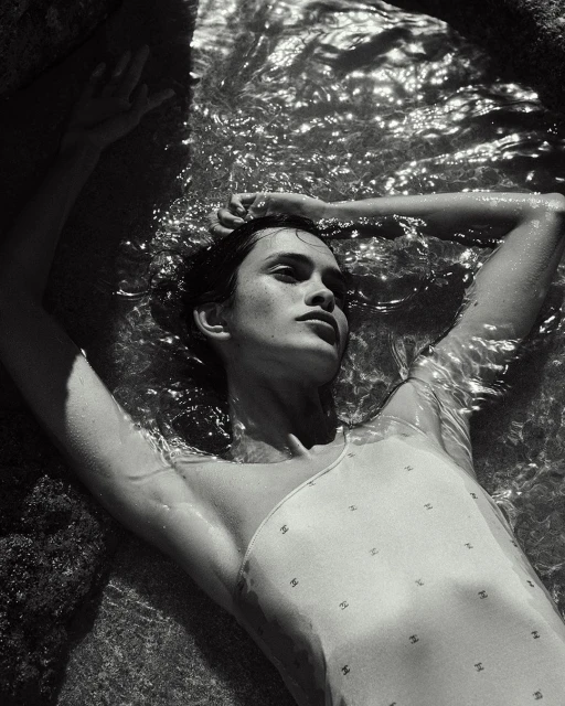 Woman in a patterned swimsuit lies in shallow water near dark rocks, looking up and away, captured in a monochrome outdoor shot.
