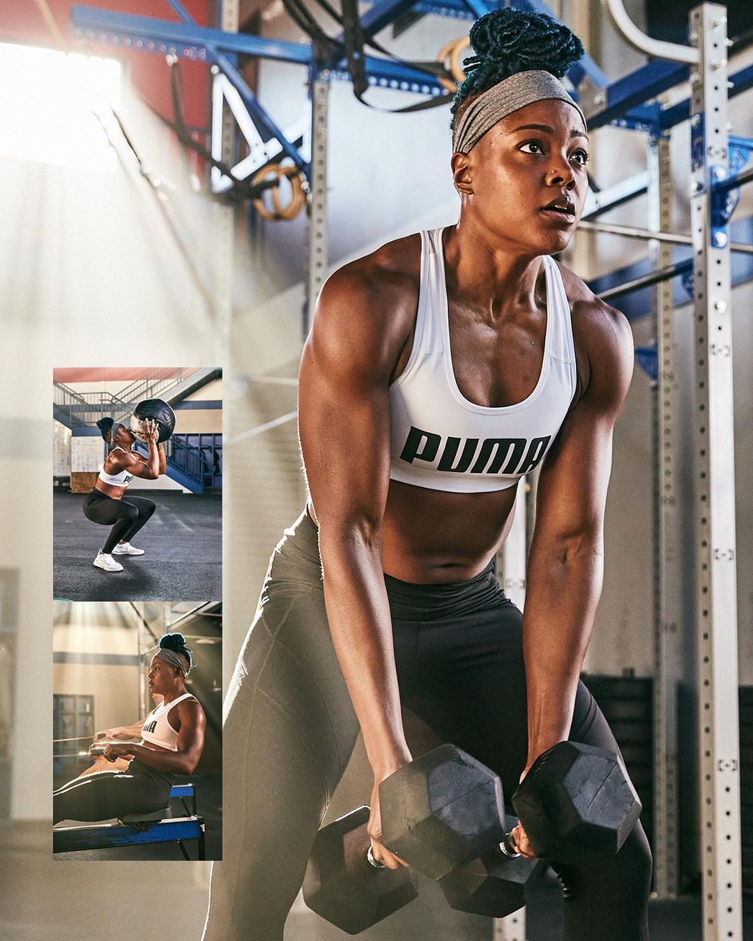 Athletic African American woman in sports bra and leggings lifts dumbbells in a brightly lit gym with weightlifting equipment.