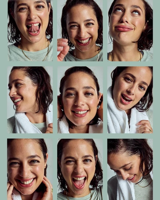 Multiple headshots of a smiling young woman with brown hair and fair skin against a soft green background, capturing various expressions.