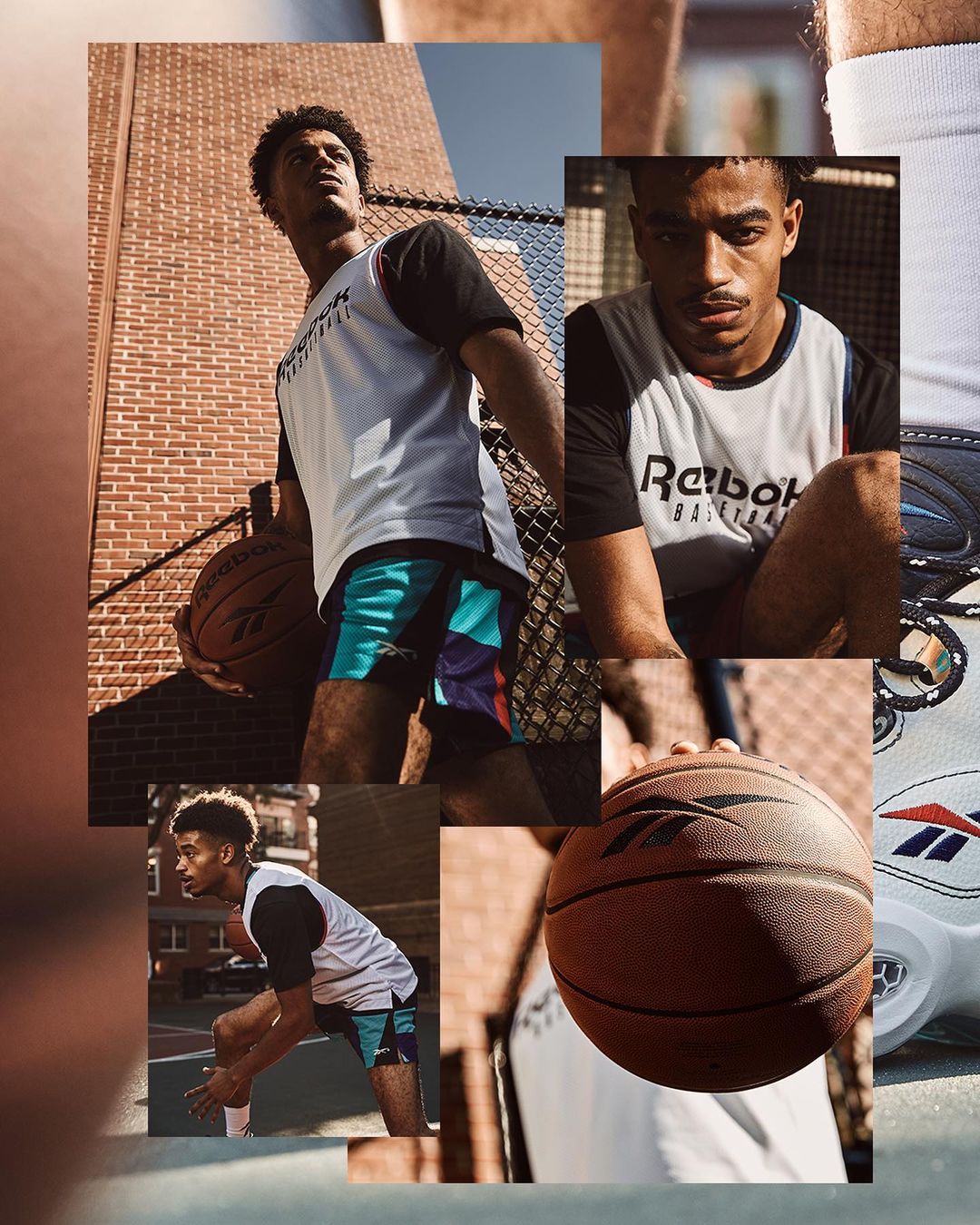 Male model showcases Reebok basketball apparel and shoes in a collage-style image set against a brick wall and outdoor basketball court.