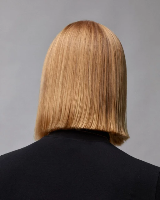 Back view of a woman with a blonde, chin-length bob hairstyle, wearing a black top against a gray background, showcased in a studio shot.