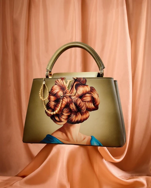 Olive green handbag with graphic of a woman with an updo wearing a blue dress, draped on a peach-colored fabric. Studio lighting.
