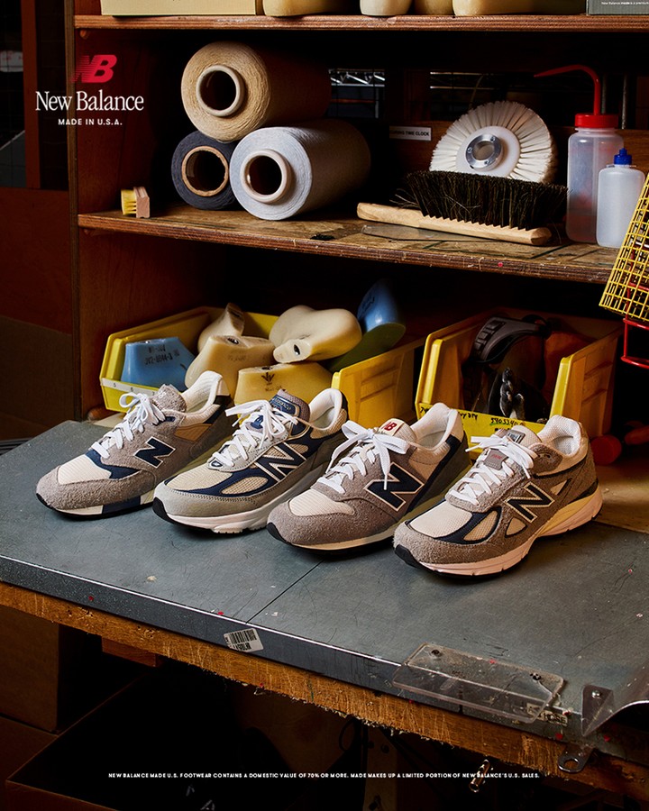 New Balance footwear displayed on a workbench with vintage tools and materials. Four pairs of sneakers are shown close up.