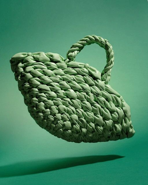 Elevated view of a woven green handbag floating in mid-air against a green background, casting a shadow on the seamless backdrop.