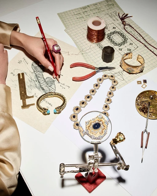 Hand of jewelry designer draws sketches among jewelry pieces, tools, and design drafts on a white surface in a brightly lit indoor studio.