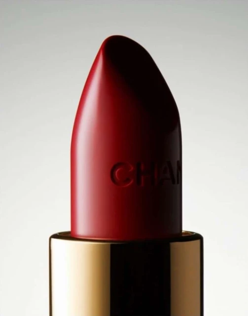 Macro shot of a red Chanel lipstick with gold base against a soft gradient background in a beauty or fashion advertising setting.