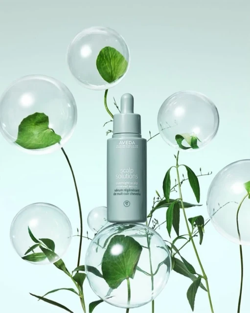 Aveda scalp solution bottle with dropper surrounded by clear transparent spheres containing green leaves and stems against a light blue background.